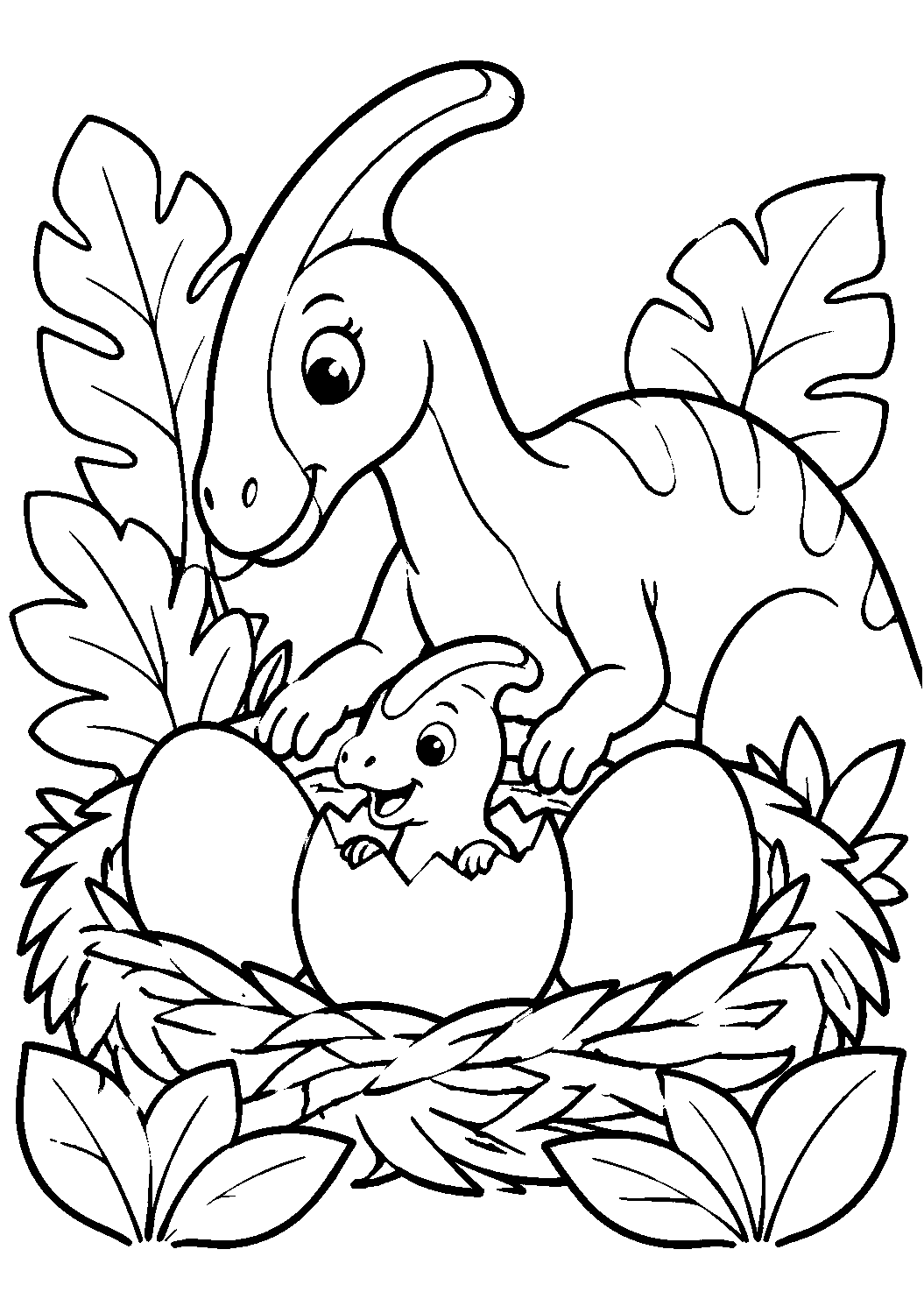 Dinossauro com filhote no ninho, desenho para colorir em A4 retrato