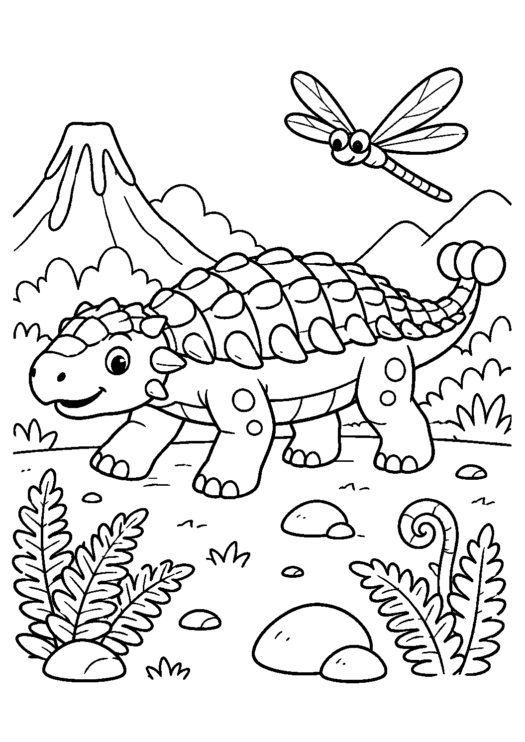 Anquilossauro e libélula perto do vulcão, desenho para colorir em A4 retrato