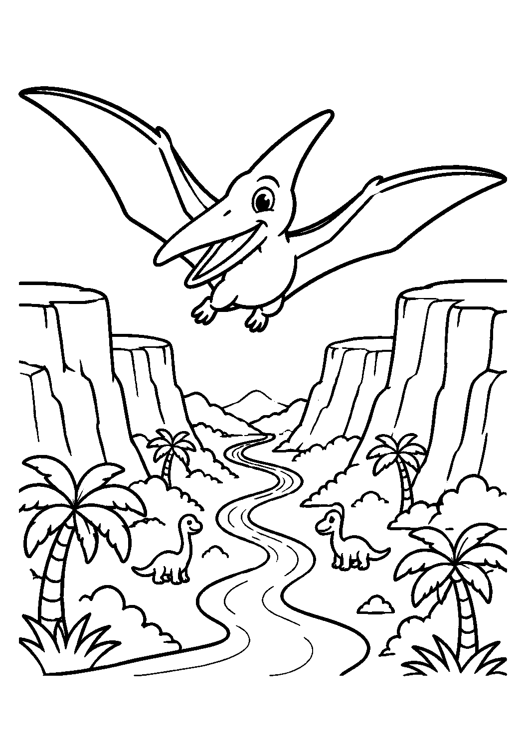 Pterossauro voando sobre o vale, desenho para colorir em A4 retrato