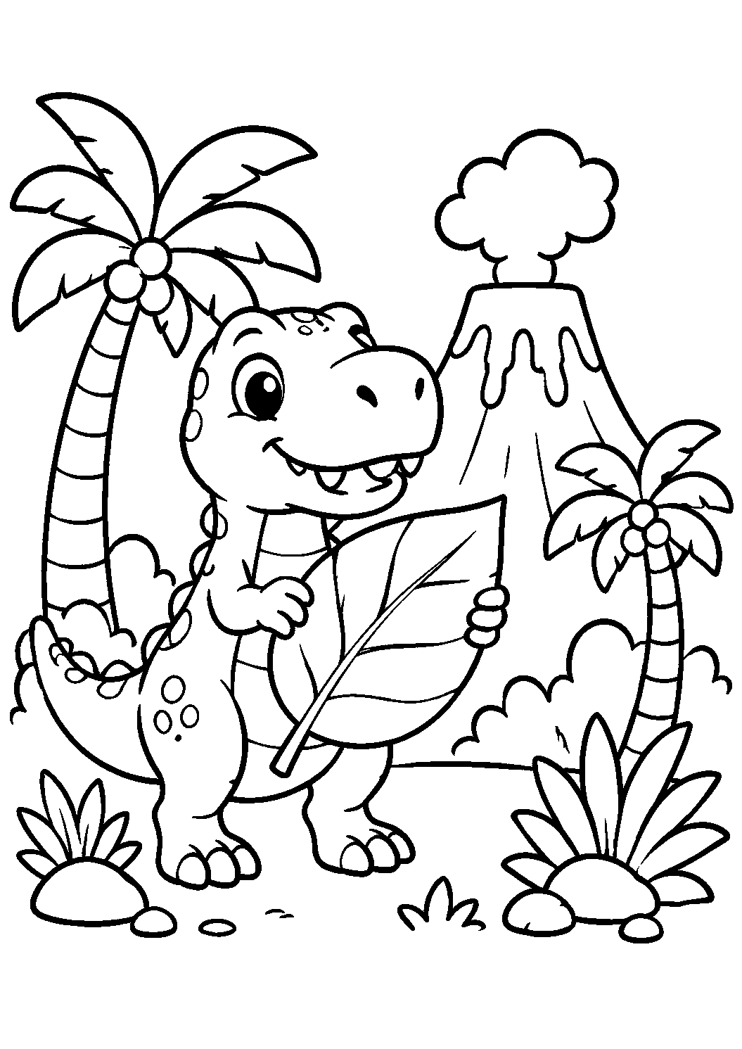 Dinossauro segurando uma folha grande, desenho para colorir em A4 retrato