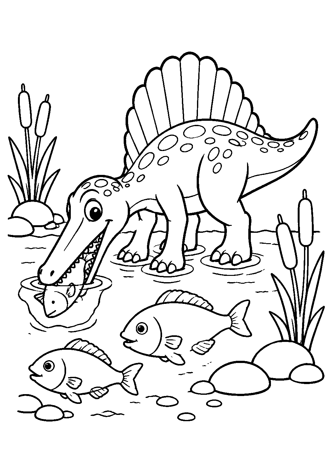 Espinossauro pegando um peixe, desenho para colorir em A4 retrato