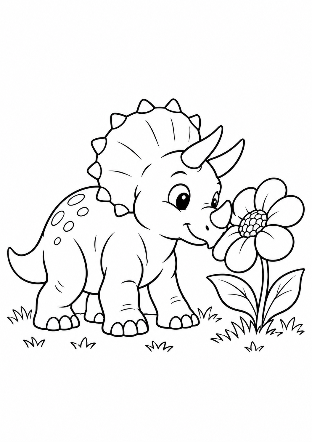 Tricerátopo bebê cheirando uma flor grande, desenho para colorir em A4 retrato