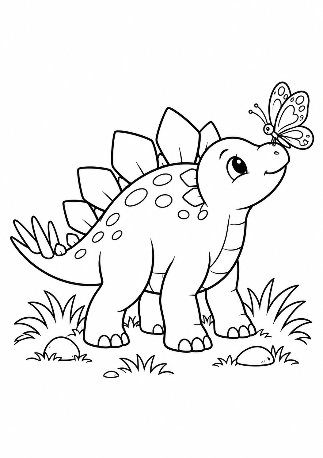 Estegossauro bebê com borboleta pousada no nariz, desenho para colorir em A4 retrato
