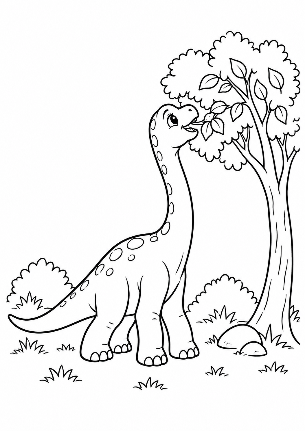 Braquiossauro filhote alcançando folhas de uma árvore, desenho para colorir em A4 retrato