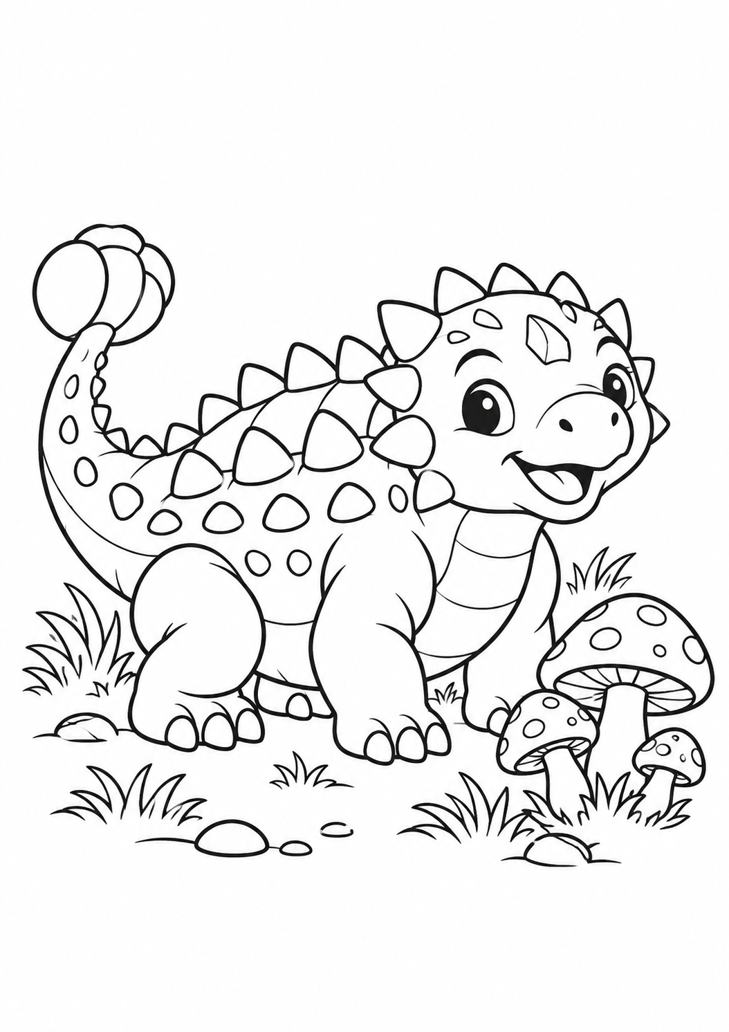 Anquilossauro simpático sentado perto de cogumelos, desenho para colorir em A4 retrato