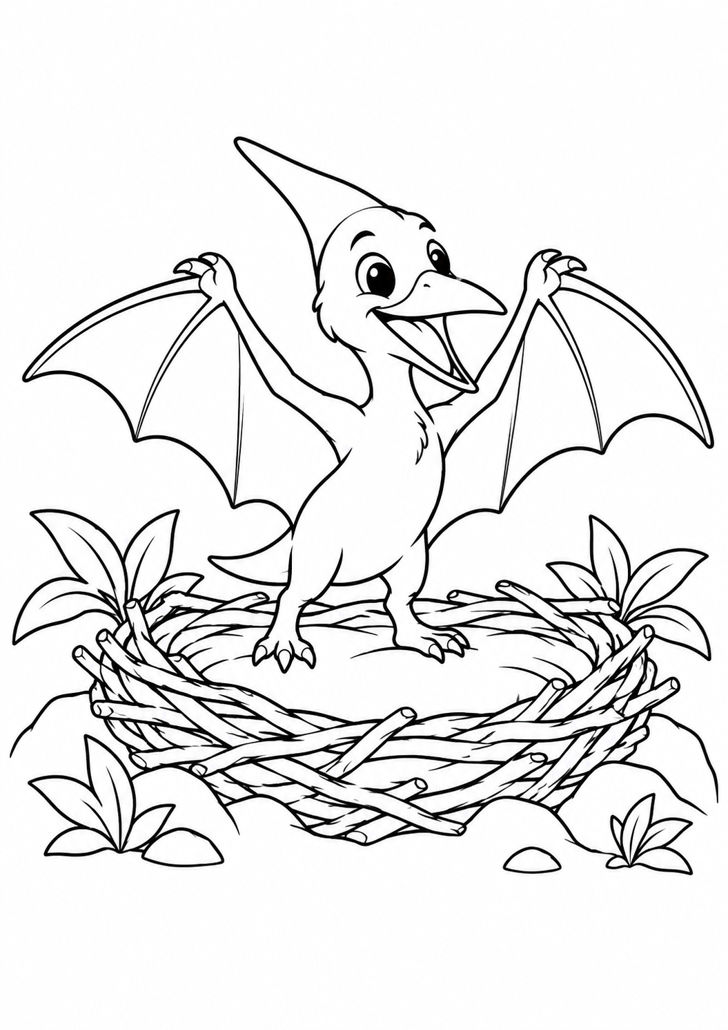 Pterossauro bebê abrindo asas sobre um ninho vazio, desenho para colorir em A4 retrato