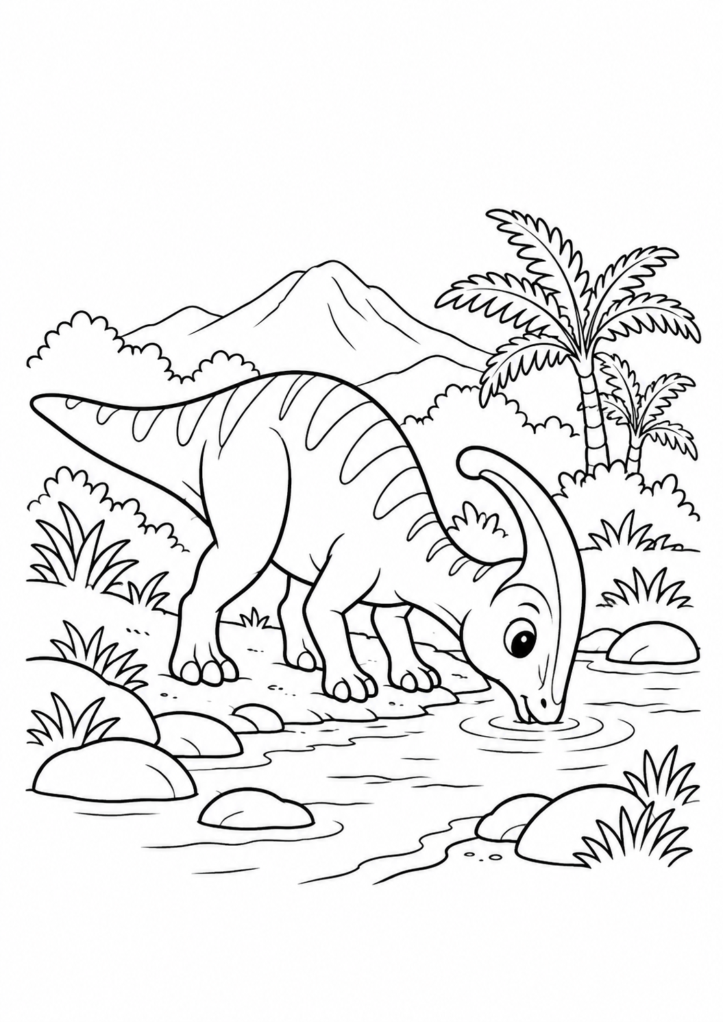 Parassaurolofo pequeno bebendo num riacho, desenho para colorir em A4 retrato