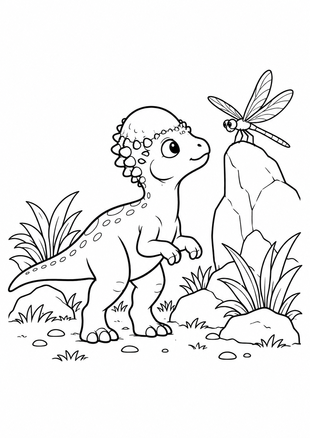 Paquicefalossauro curioso olhando uma libélula, desenho para colorir em A4 retrato