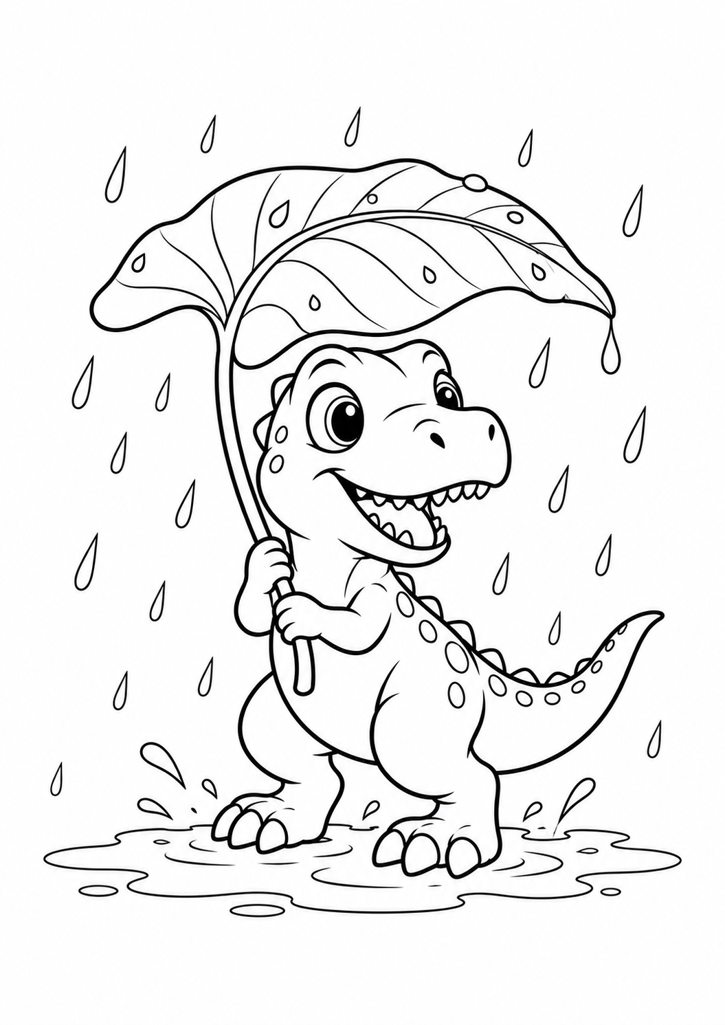 Tiranossauro bebê segurando uma folha como guarda-chuva, desenho para colorir em A4 retrato