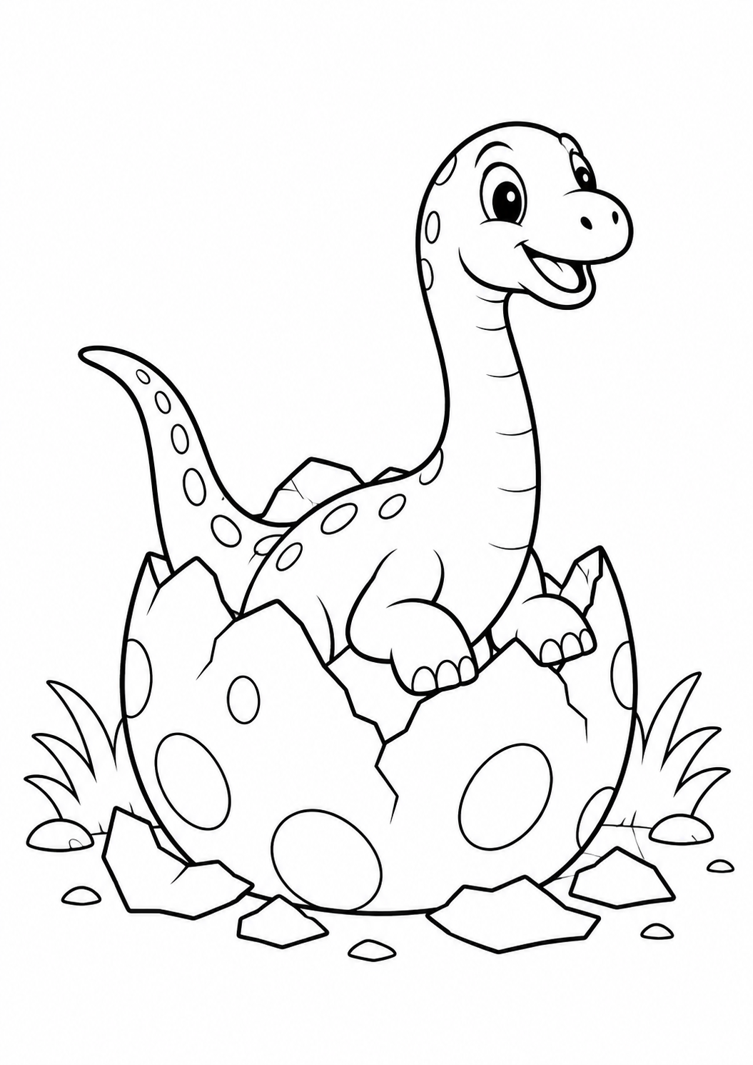 Diplodoco filhote saindo de um ovo grande, desenho para colorir em A4 retrato
