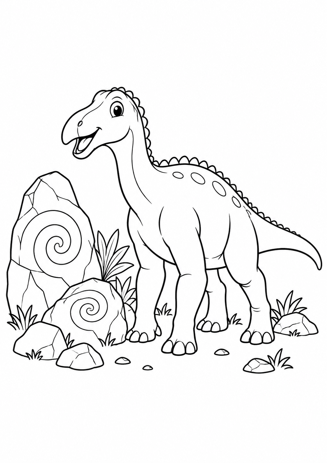 Iguanodonte amigável ao lado de pedras em espiral, desenho para colorir em A4 retrato