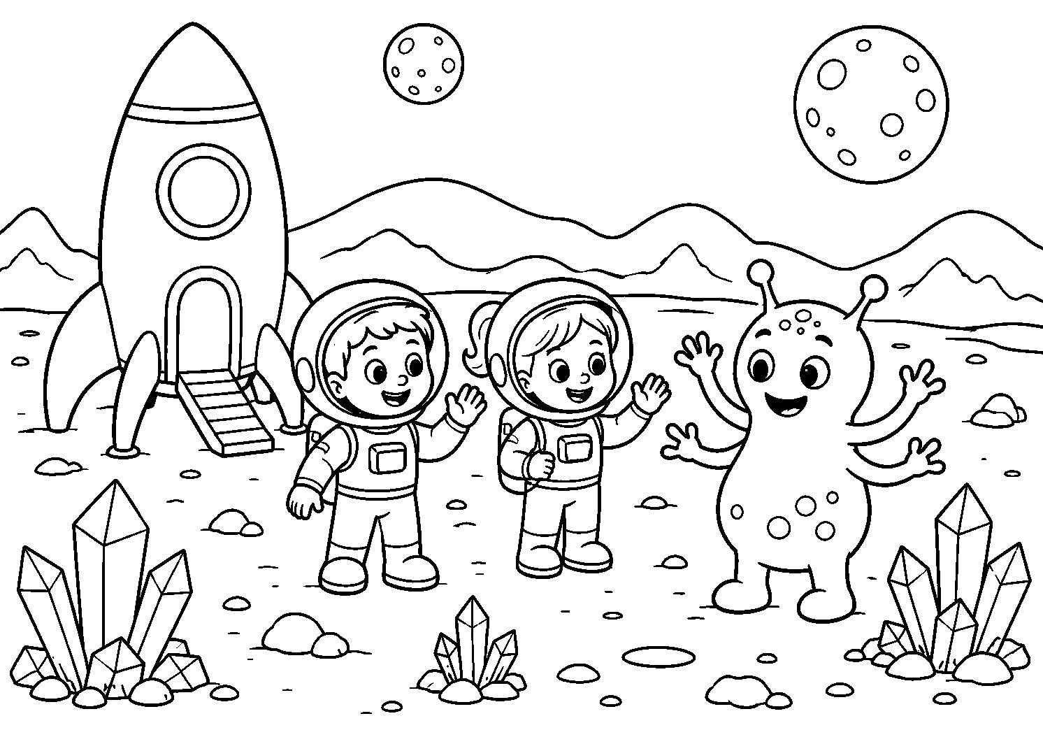 Astronautas e alienígena entre cristais, desenho para colorir em A4 paisagem