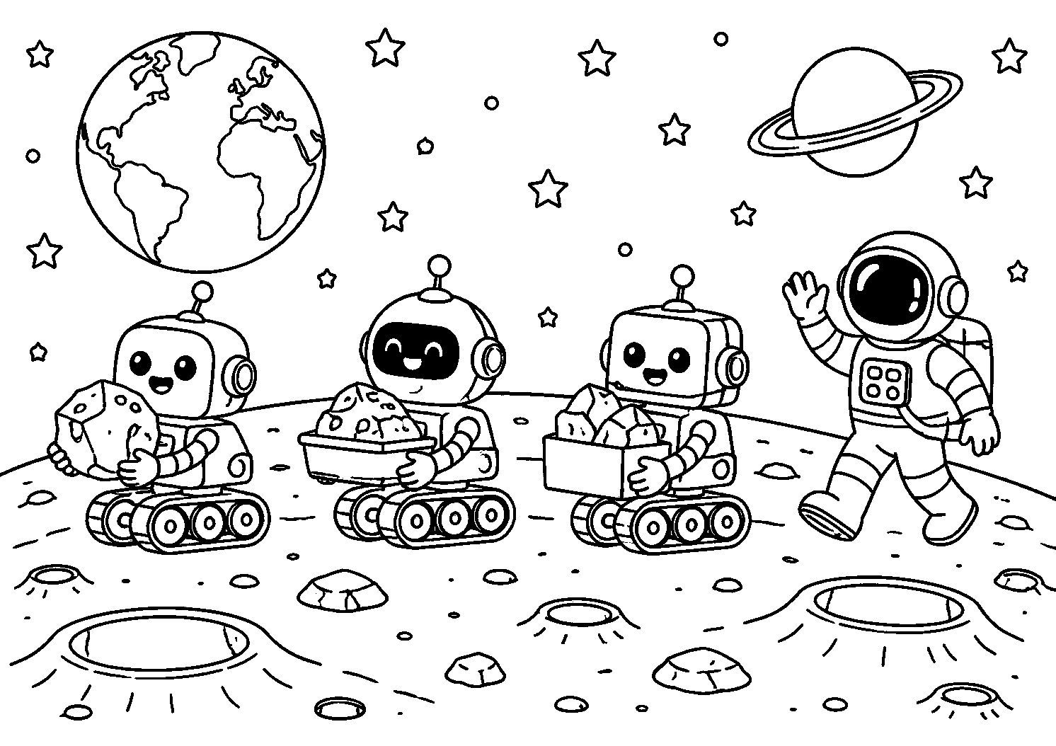 Astronauta e robôs coletando rochas, desenho para colorir em A4 paisagem