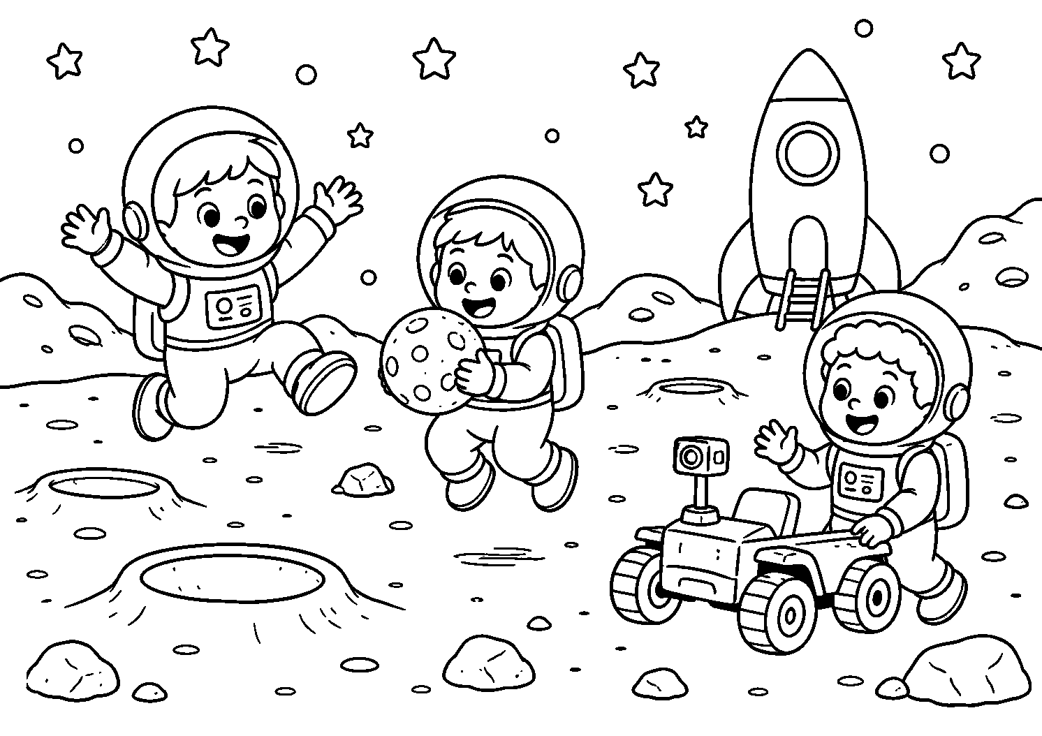 Astronautas brincando na Lua, desenho para colorir em A4 paisagem
