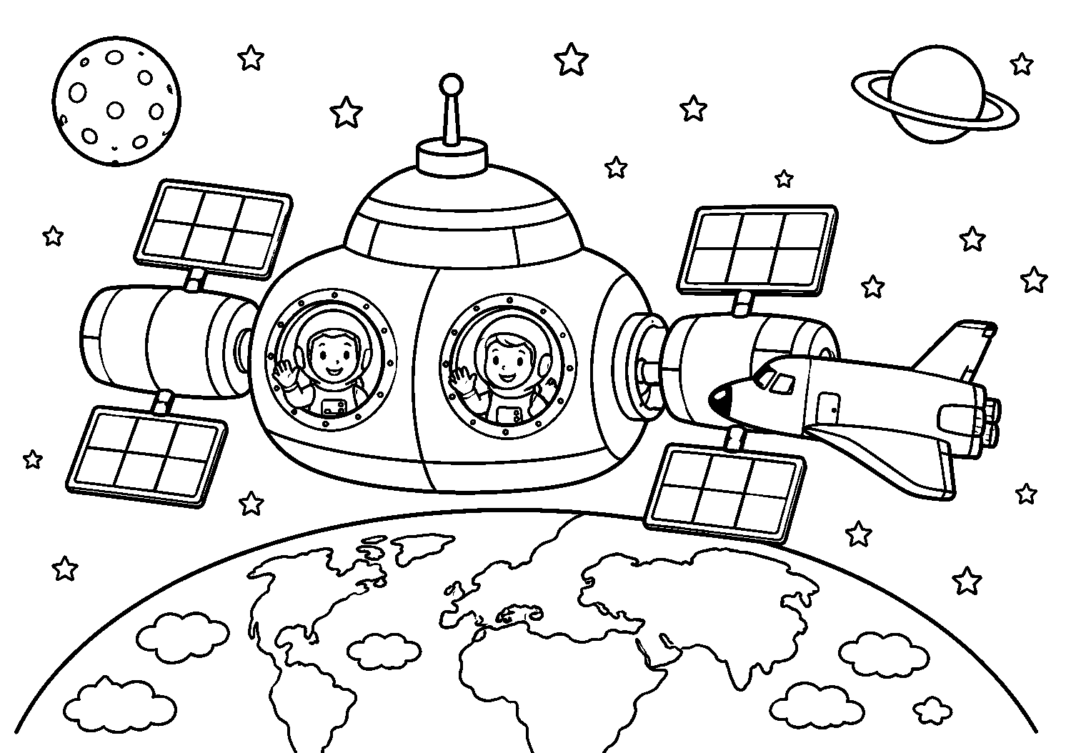 Estação espacial sobre a Terra, desenho para colorir em A4 paisagem