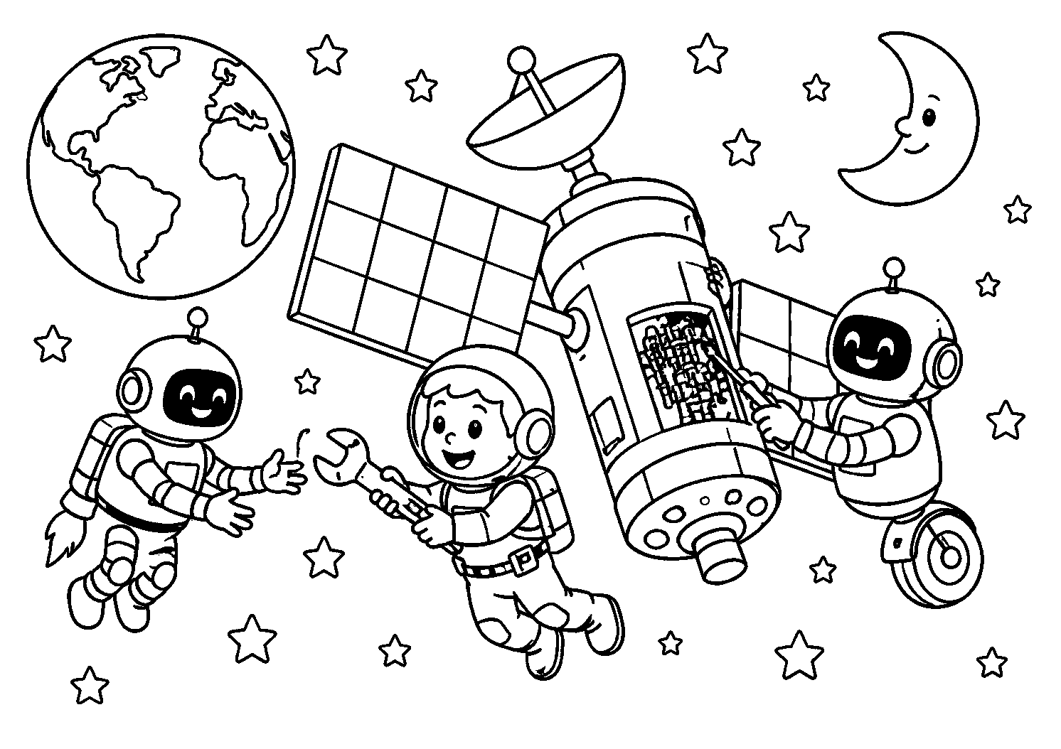 Astronauta e robôs consertando um satélite, desenho para colorir em A4 paisagem