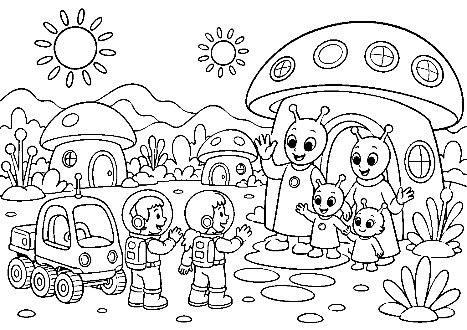Astronautas visitando uma família de alienígenas, desenho para colorir em A4 paisagem