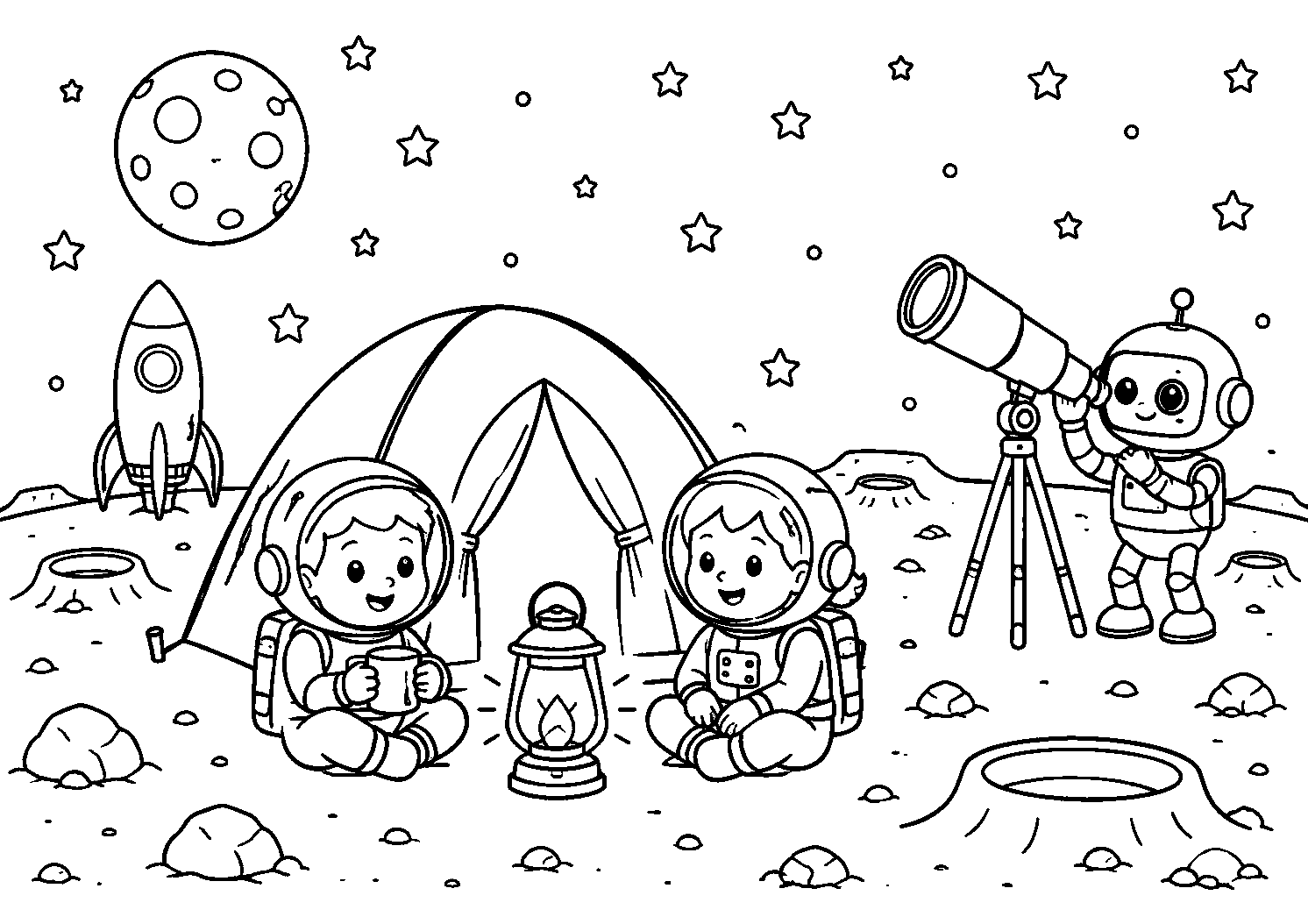 Acampamento de astronautas na Lua, desenho para colorir em A4 paisagem