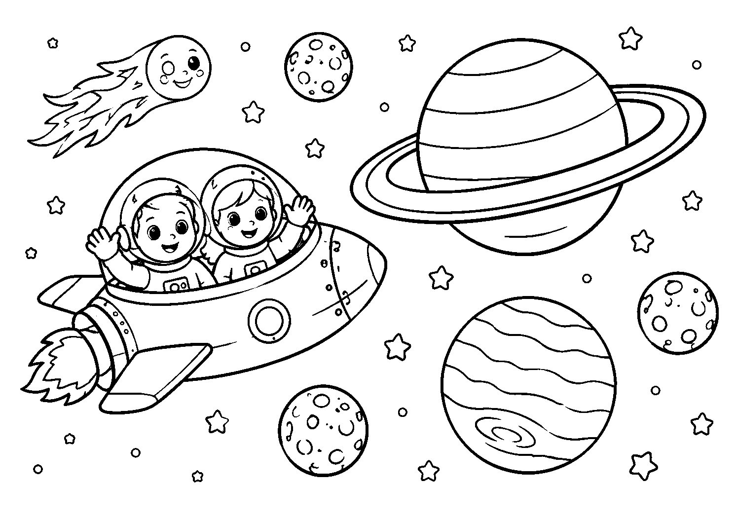 Astronautas de foguete entre planetas, desenho para colorir em A4 paisagem