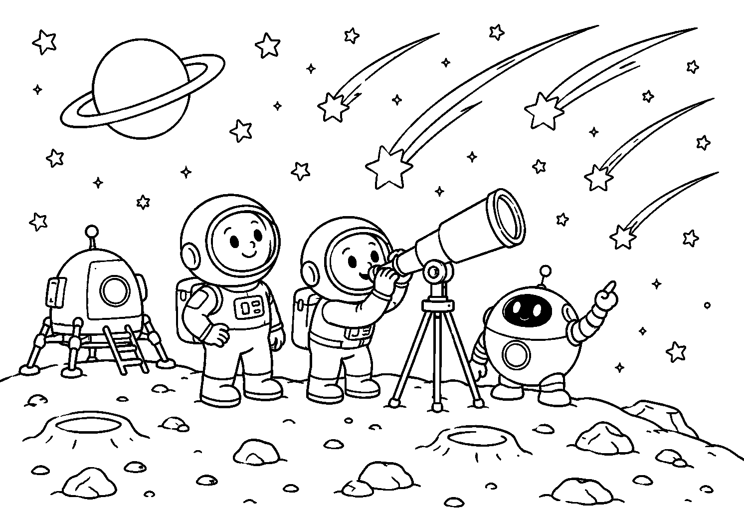 Astronautas observando estrelas cadentes, desenho para colorir em A4 paisagem