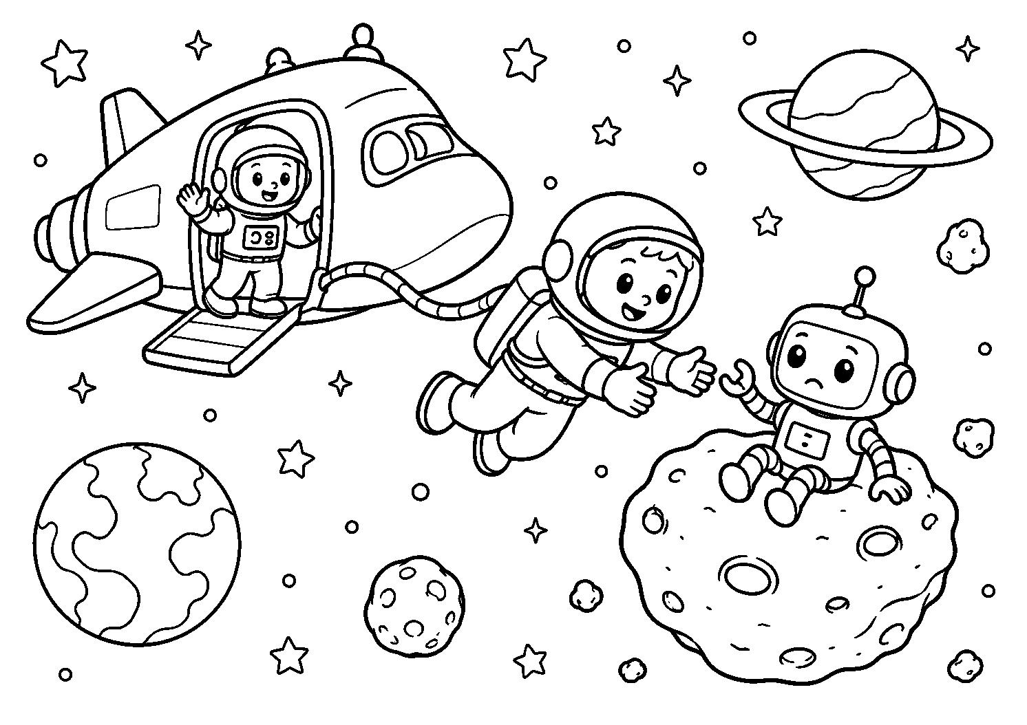 Astronauta e robô entre asteroides, desenho para colorir em A4 paisagem