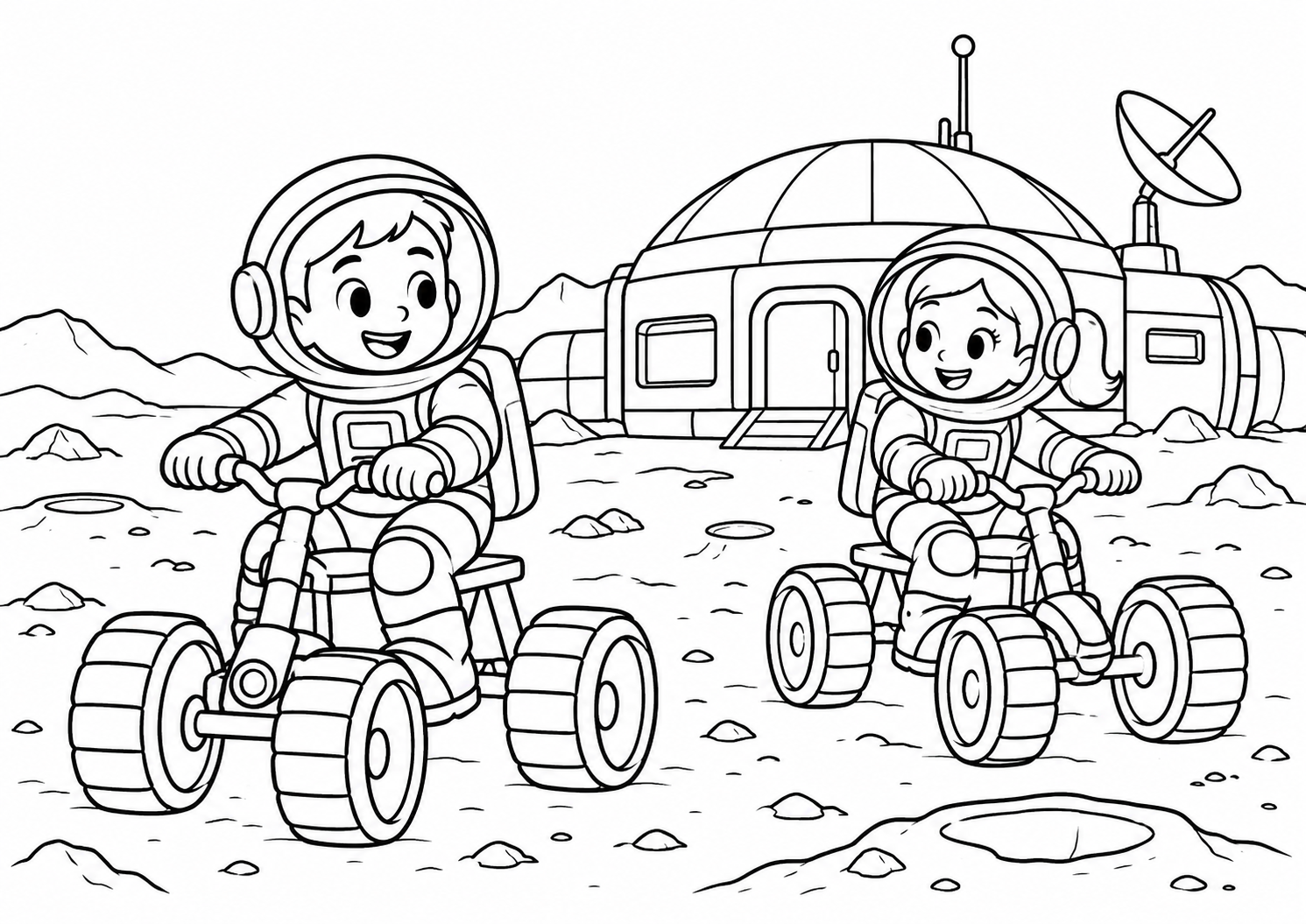 Dois astronautas andando de bicicleta lunar ao lado de uma base, desenho para colorir em A4 paisagem