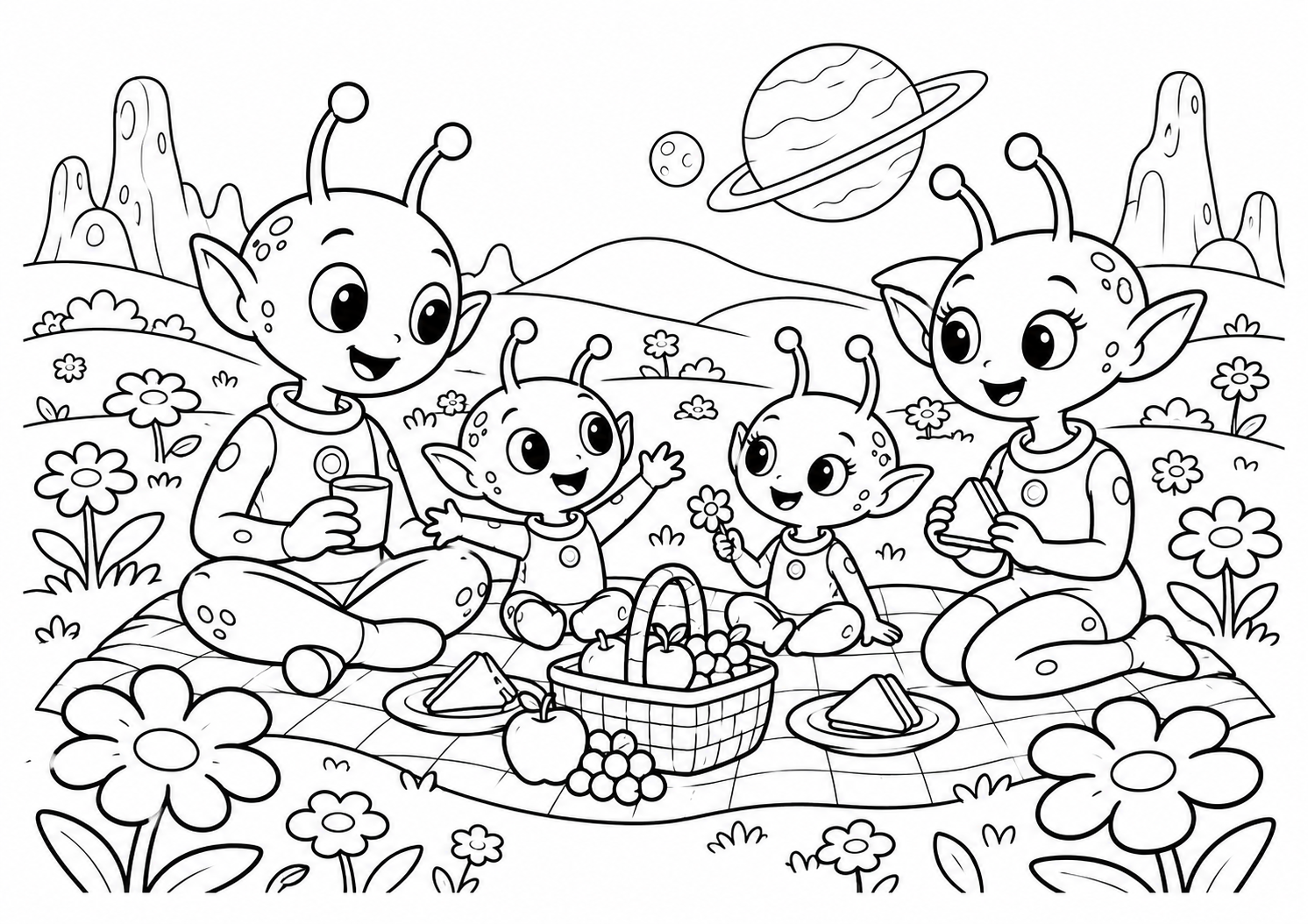 Família de alienígenas fazendo piquenique num planeta de flores, desenho para colorir em A4 paisagem