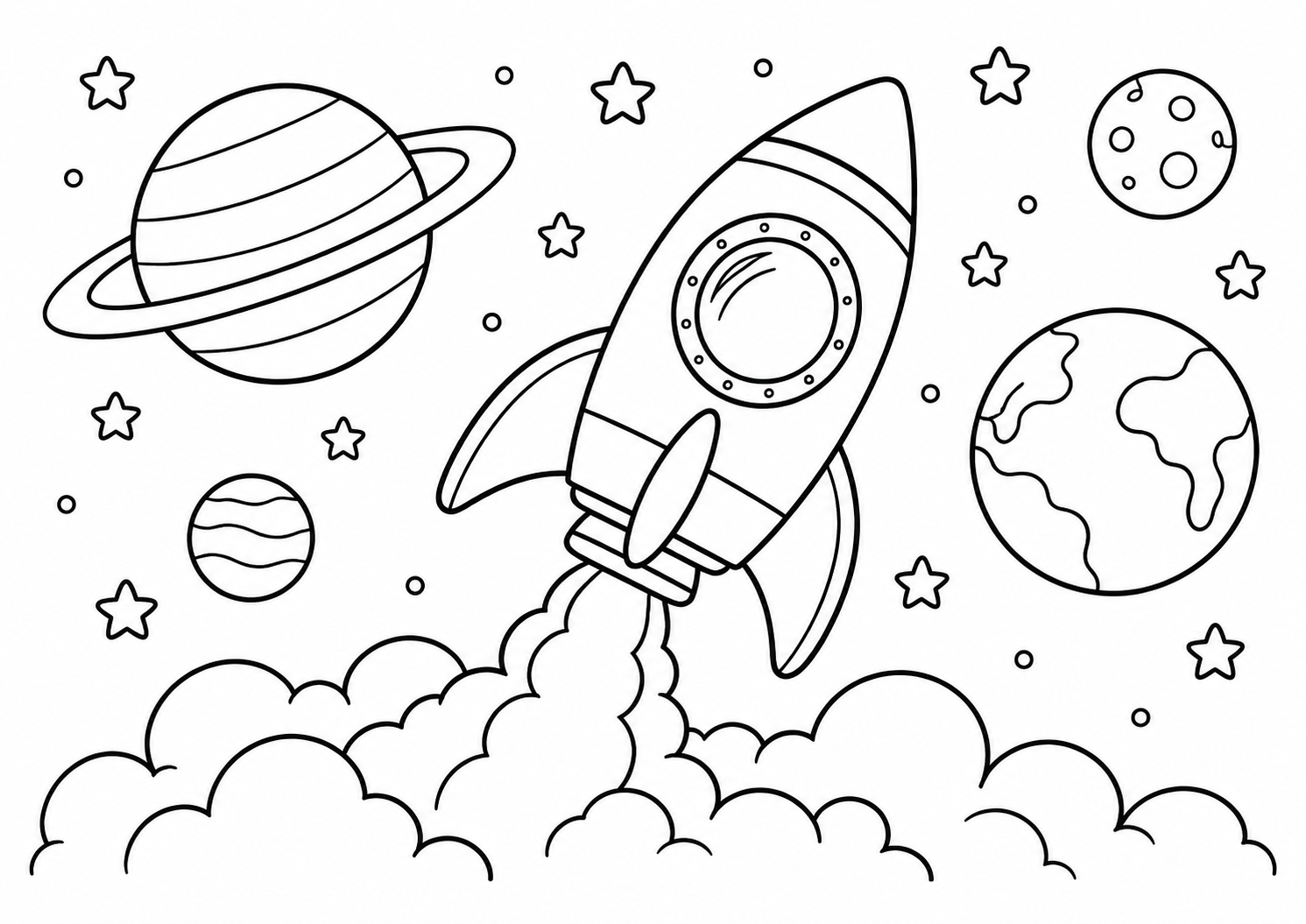 Foguete decolando acima de nuvens com planetas ao fundo, desenho para colorir em A4 paisagem