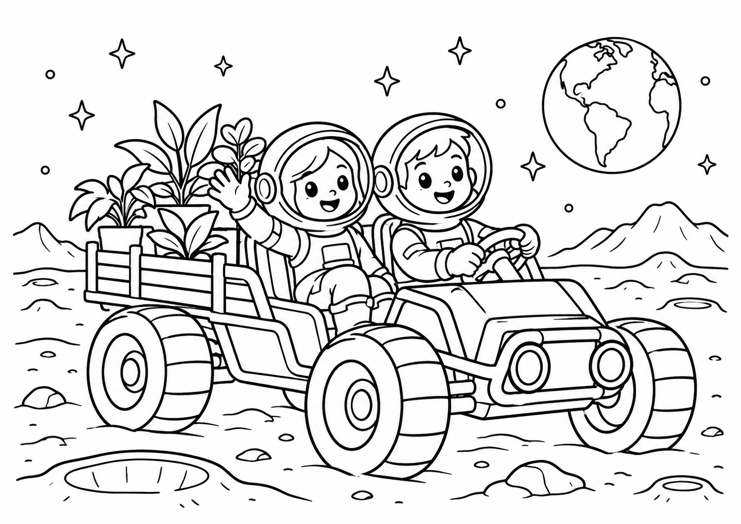 Carrinho lunar transportando plantas e dois astronautas, desenho para colorir em A4 paisagem