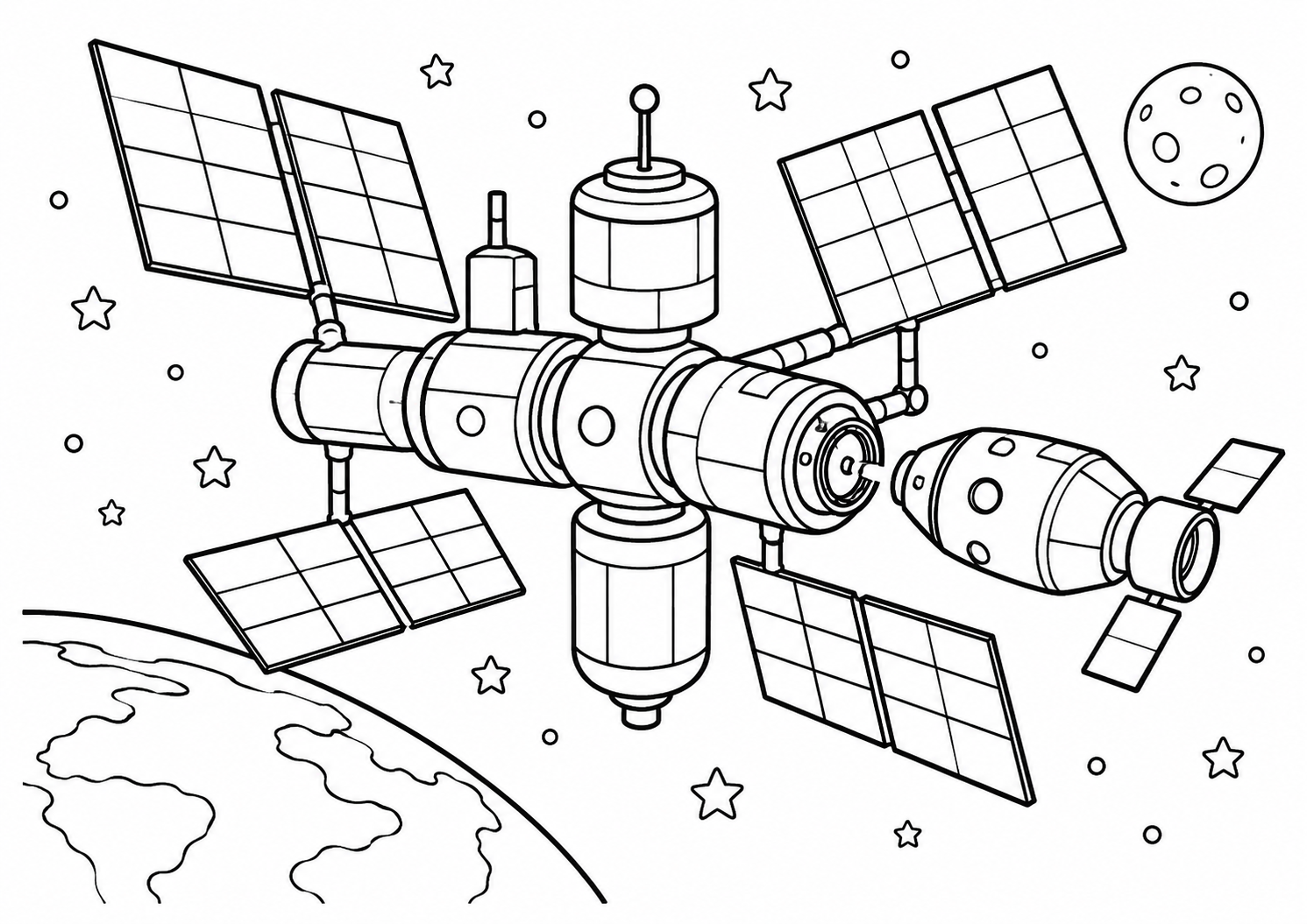 Estação espacial com painéis solares e cápsula de visita, desenho para colorir em A4 paisagem