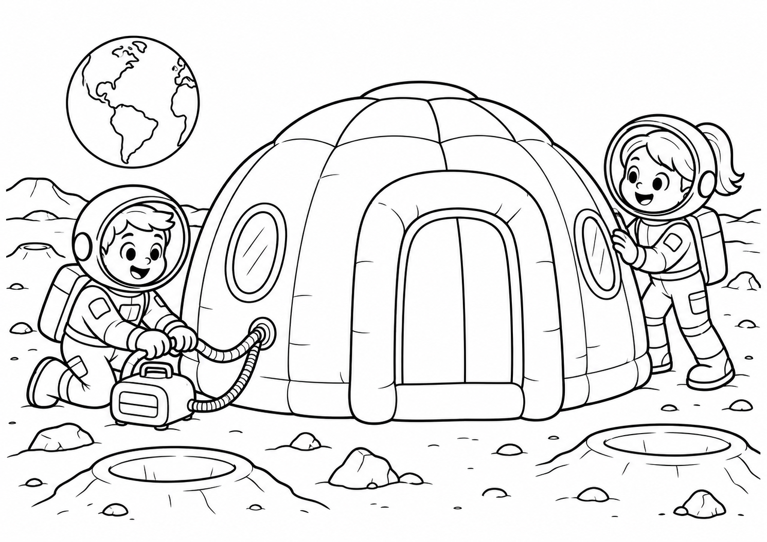 Astronautas montando uma casa inflável na Lua, desenho para colorir em A4 paisagem