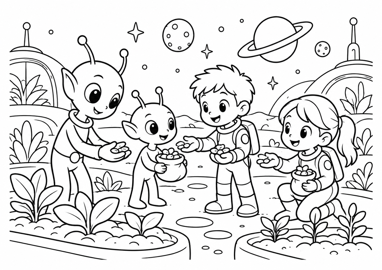 Alienígenas e humanos trocando sementes num jardim espacial, desenho para colorir em A4 paisagem