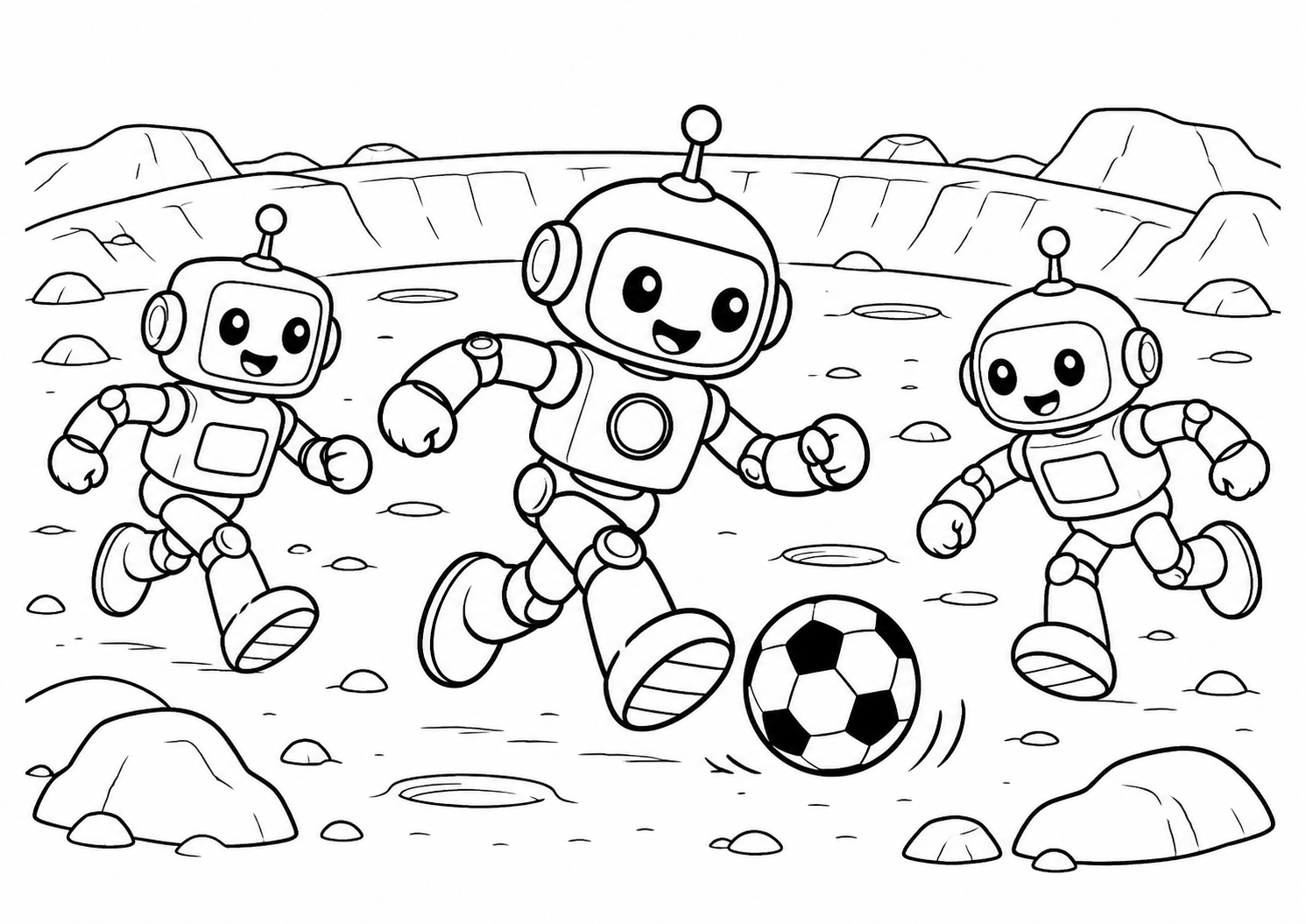 Robôs jogando bola numa cratera suave, desenho para colorir em A4 paisagem