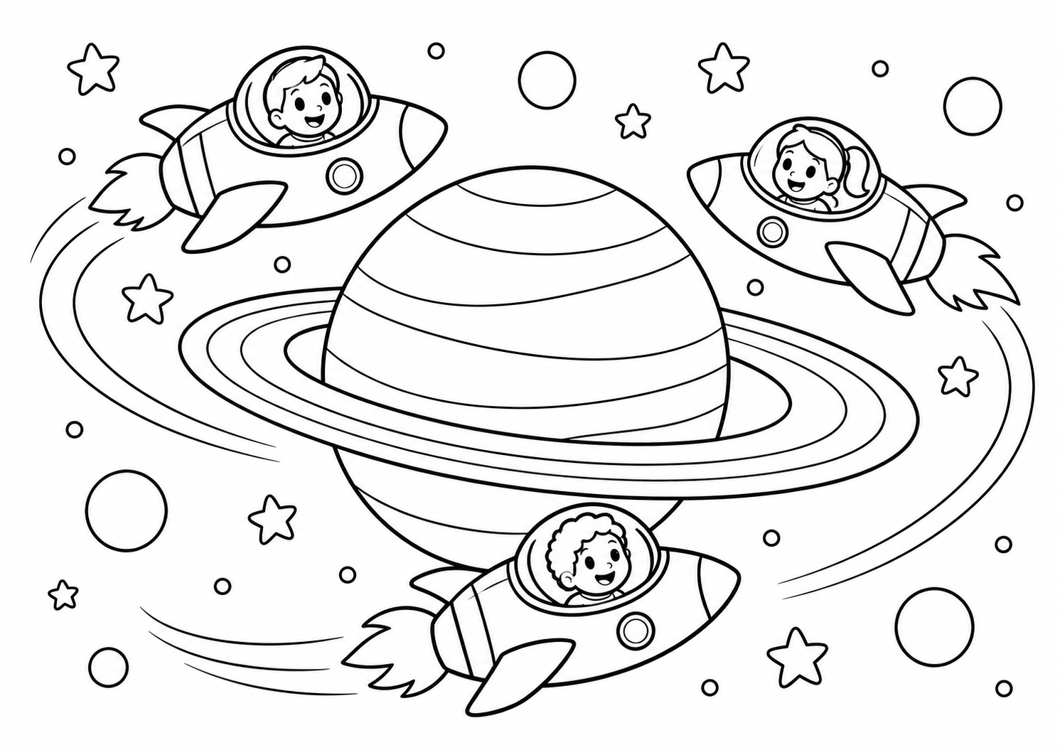 Desfile de três pequenas naves ao redor de um planeta com anéis, desenho para colorir em A4 paisagem