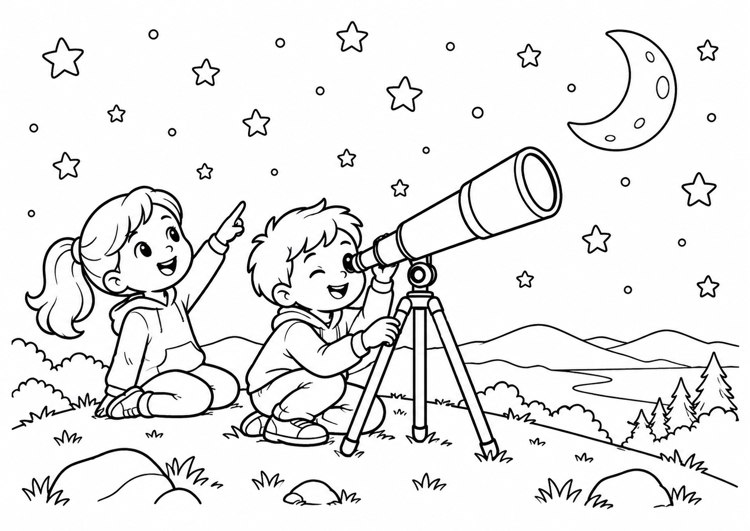 Crianças astrônomas observando o céu com telescópio numa colina, desenho para colorir em A4 paisagem
