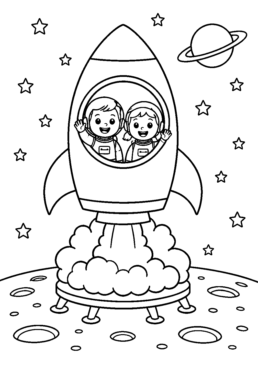 Foguete decolando com dois astronautas, desenho para colorir em A4 retrato