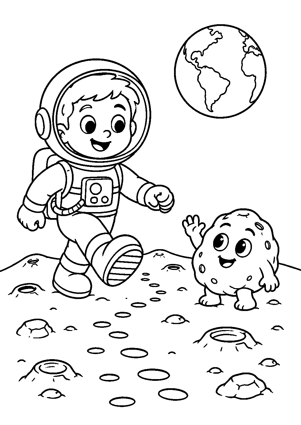 Astronauta com uma rocha sorridente, desenho para colorir em A4 retrato