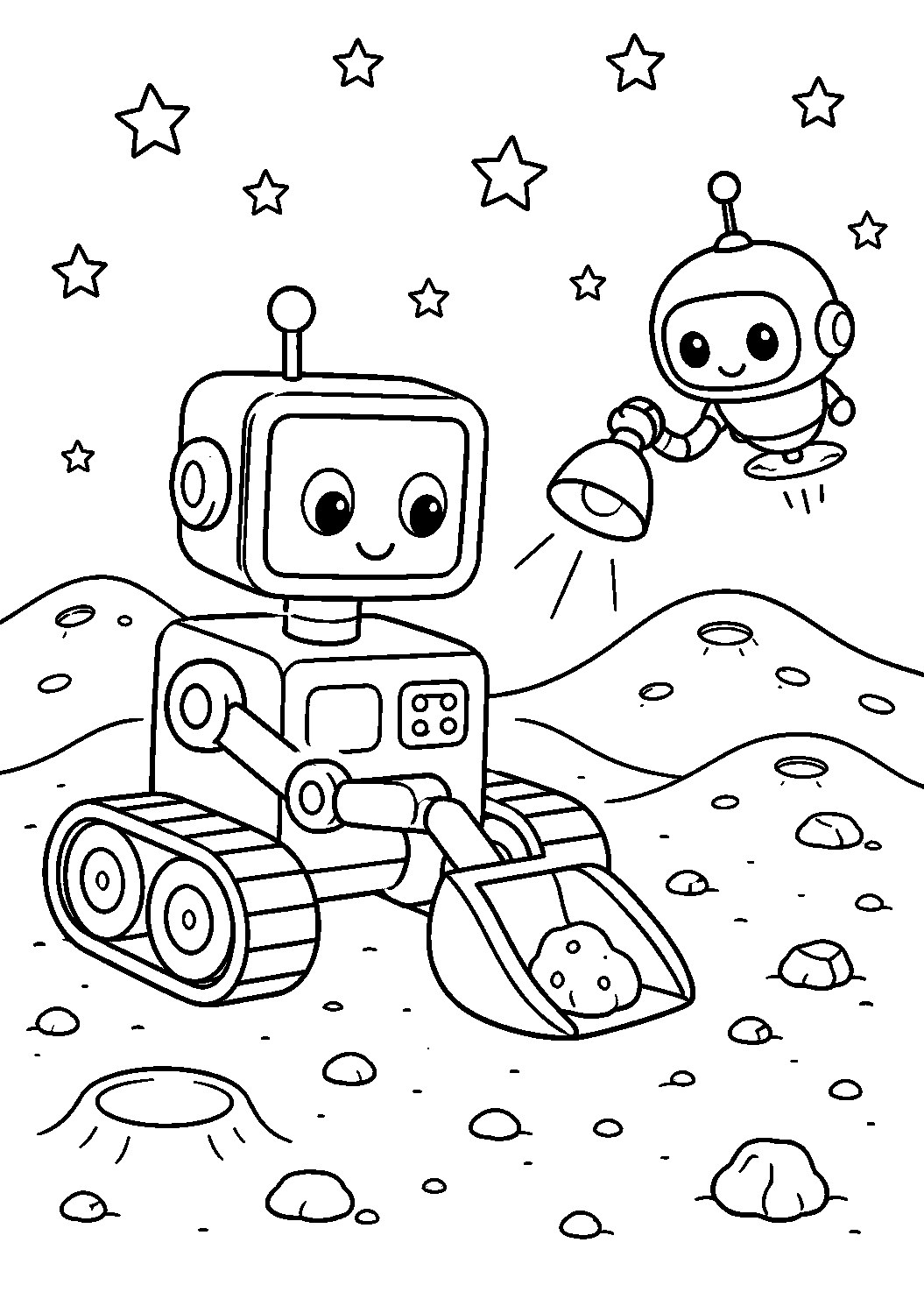 Robôs exploradores na Lua, desenho para colorir em A4 retrato