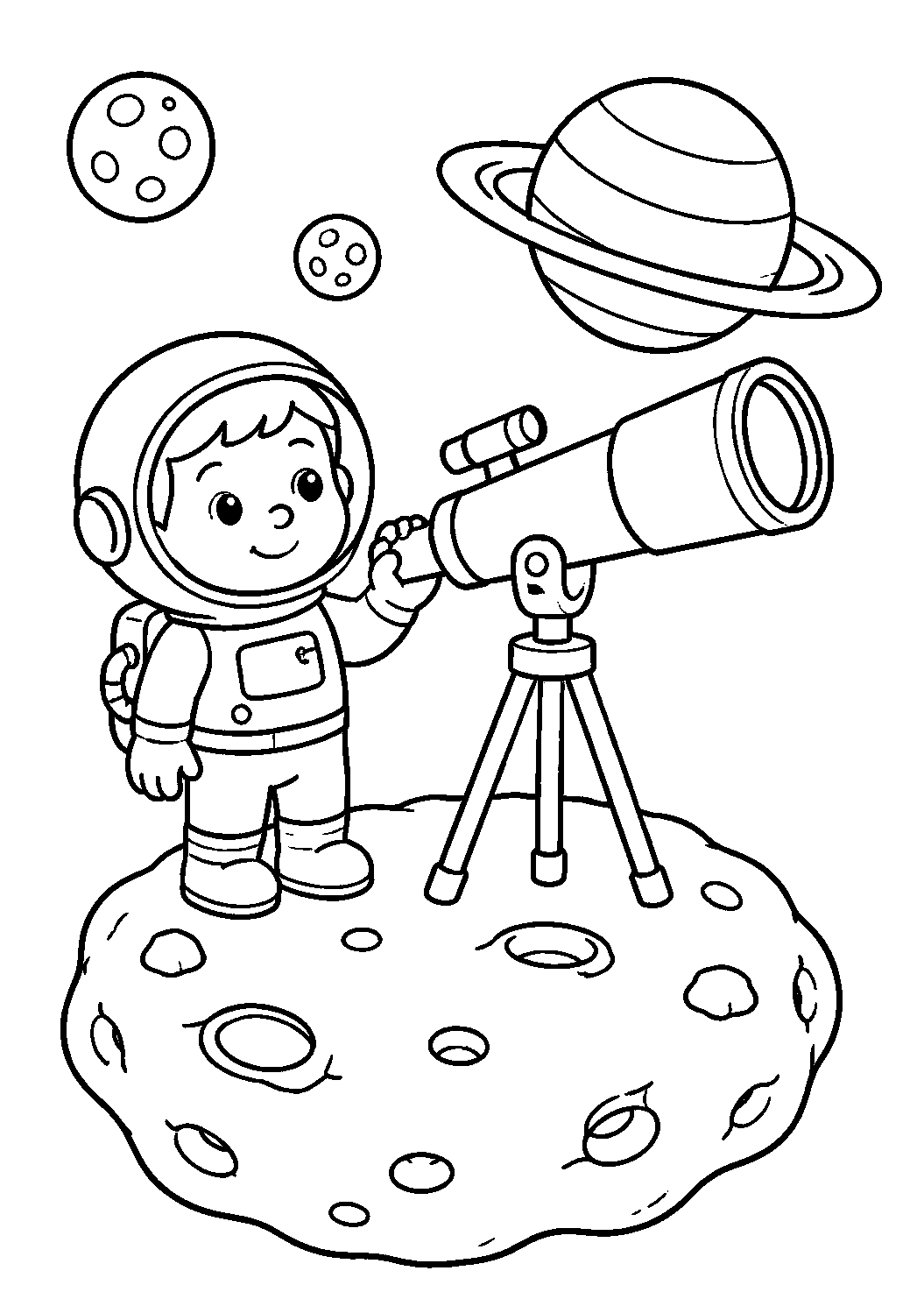 Astronauta com telescópio entre planetas, desenho para colorir em A4 retrato