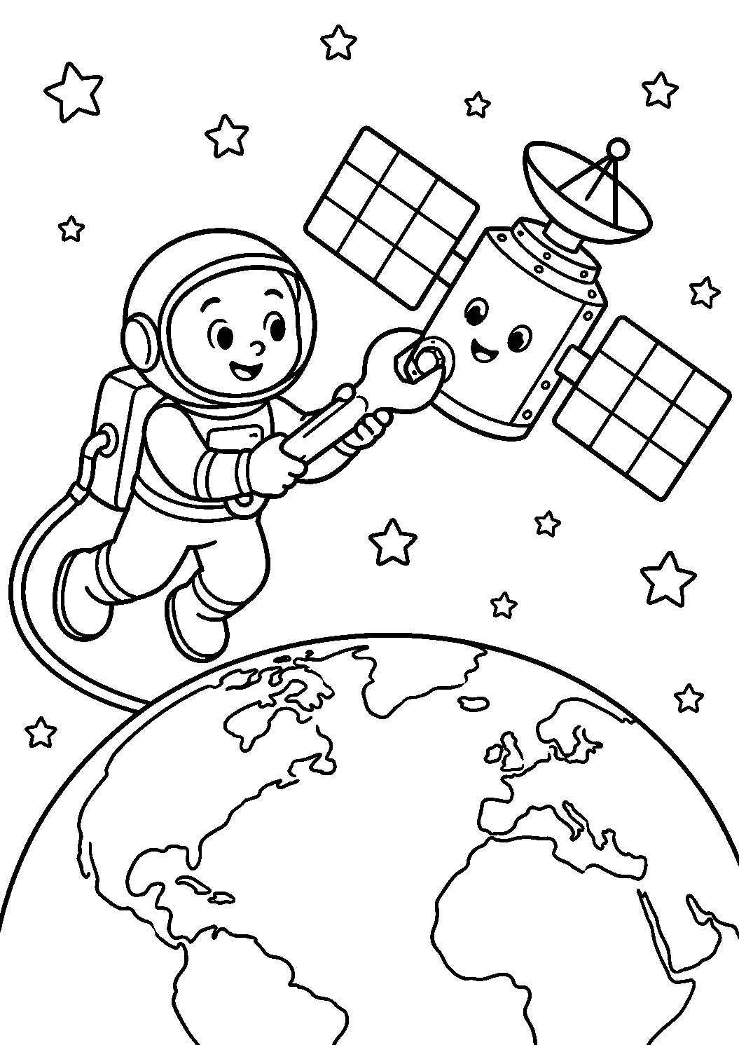 Astronauta com ferramenta e satélite, desenho para colorir em A4 retrato