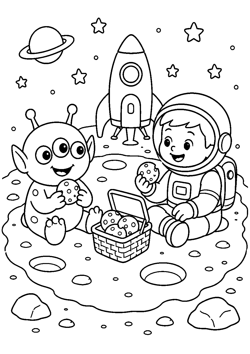 Astronauta e alienígena dividindo biscoitos, desenho para colorir em A4 retrato
