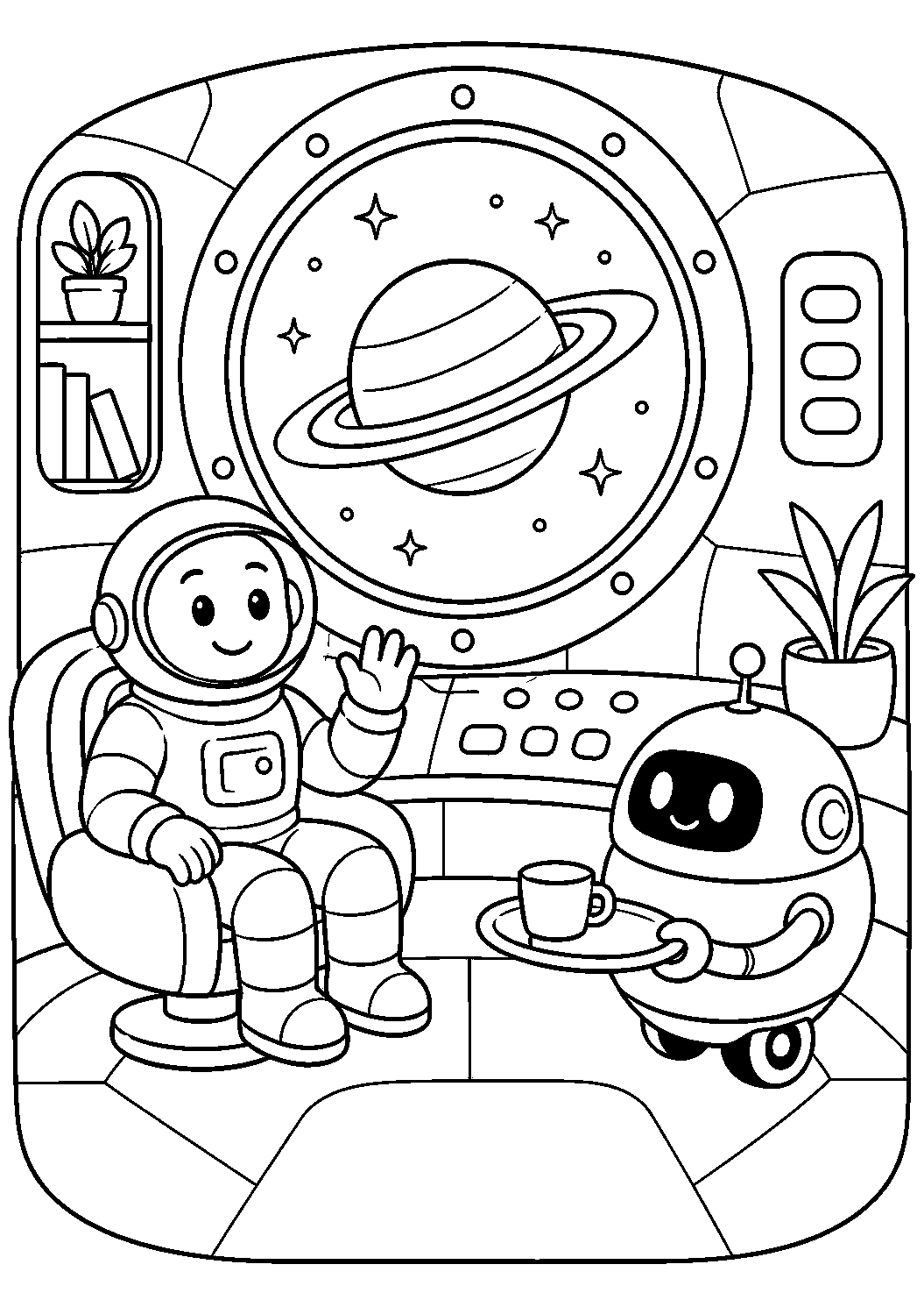 Astronauta e robô dentro da nave, desenho para colorir em A4 retrato