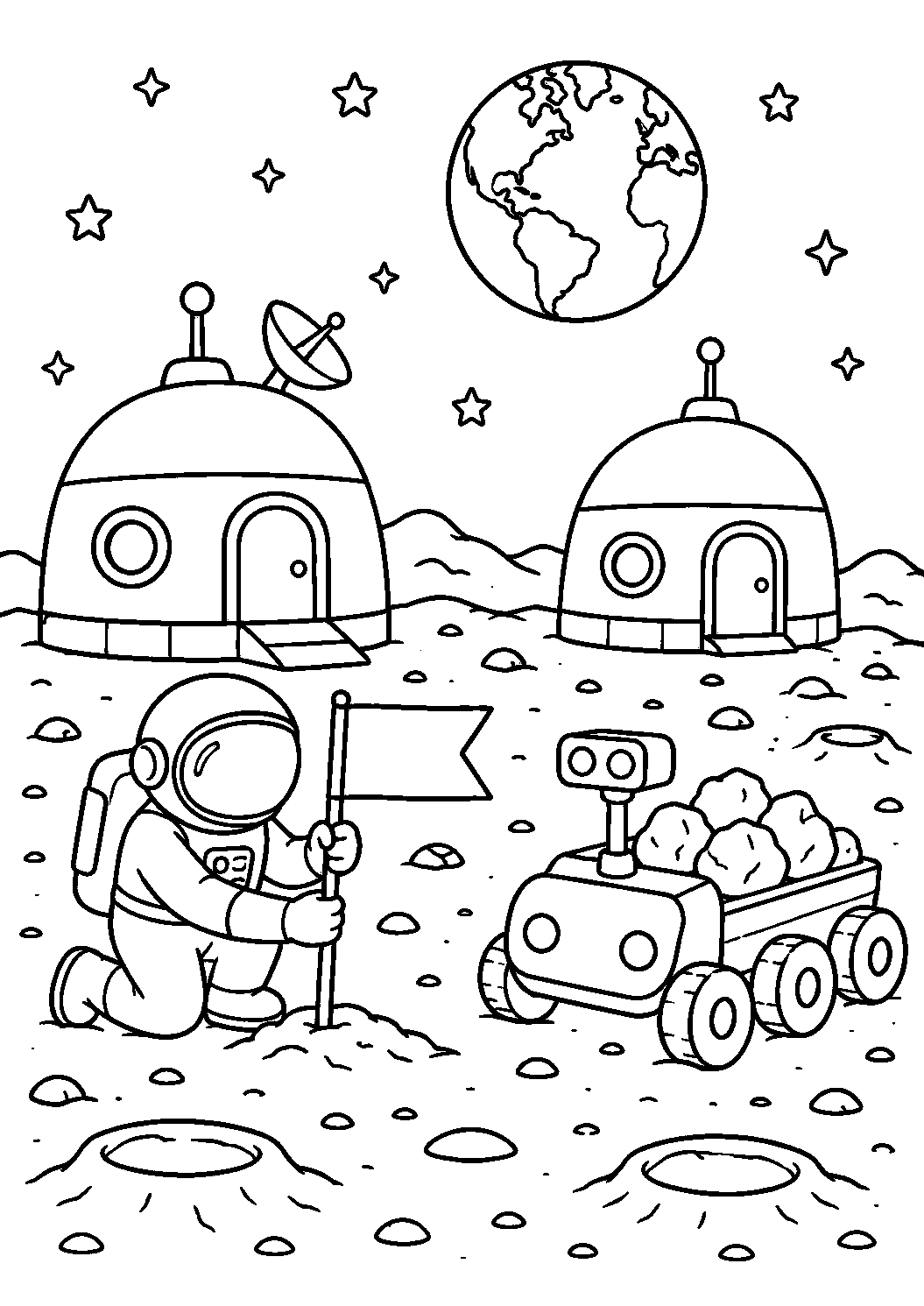Astronauta com bandeira na base lunar, desenho para colorir em A4 retrato