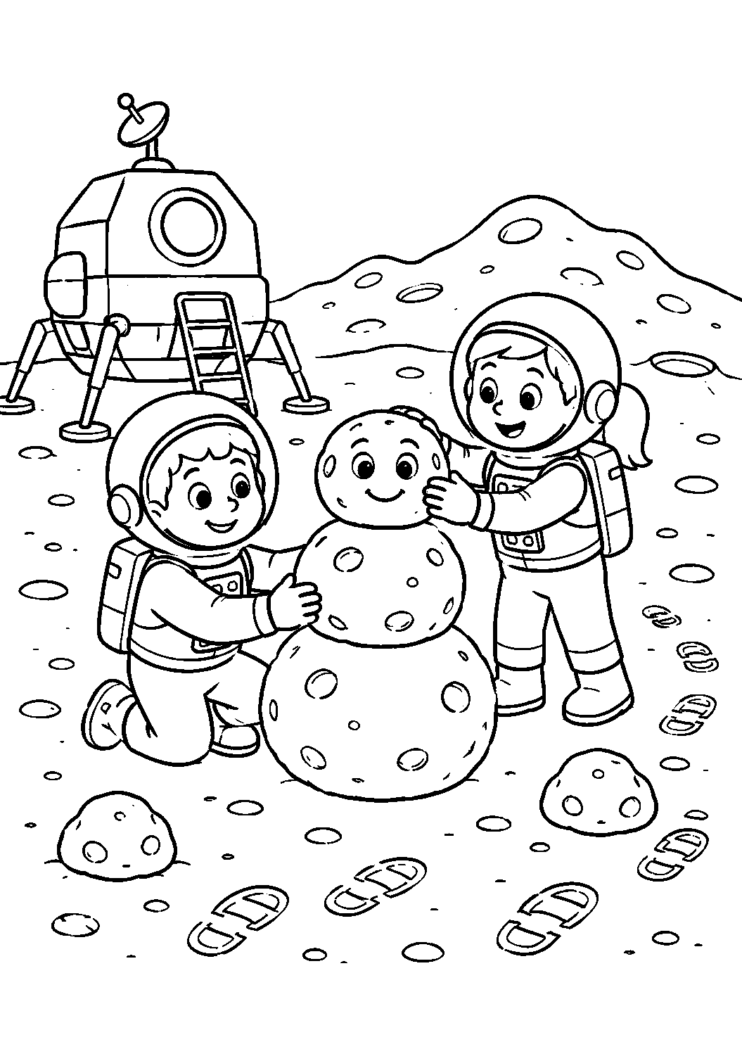 Astronautas montando um boneco na Lua, desenho para colorir em A4 retrato