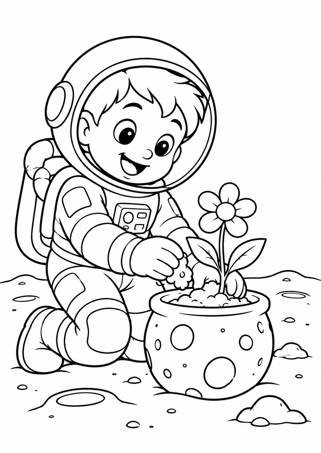 Astronauta infantil plantando uma flor num vaso lunar, desenho para colorir em A4 retrato