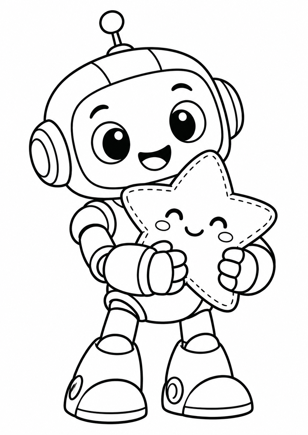 Robozinho amigável segurando uma estrela de pelúcia, desenho para colorir em A4 retrato