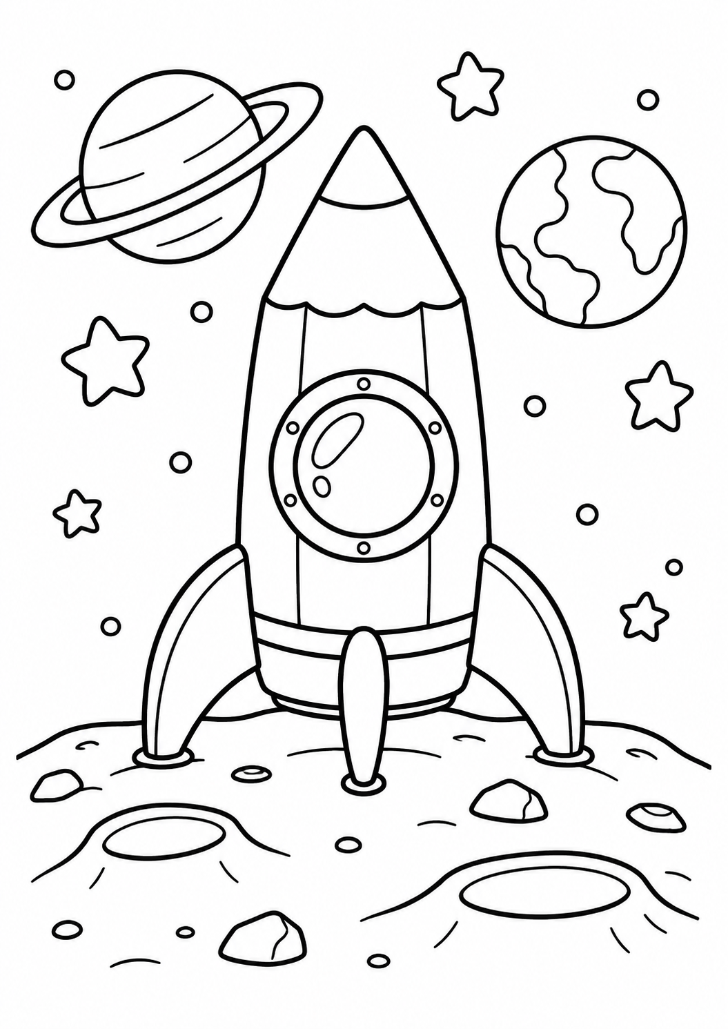 Foguete pequeno em forma de lápis pousado num planeta, desenho para colorir em A4 retrato
