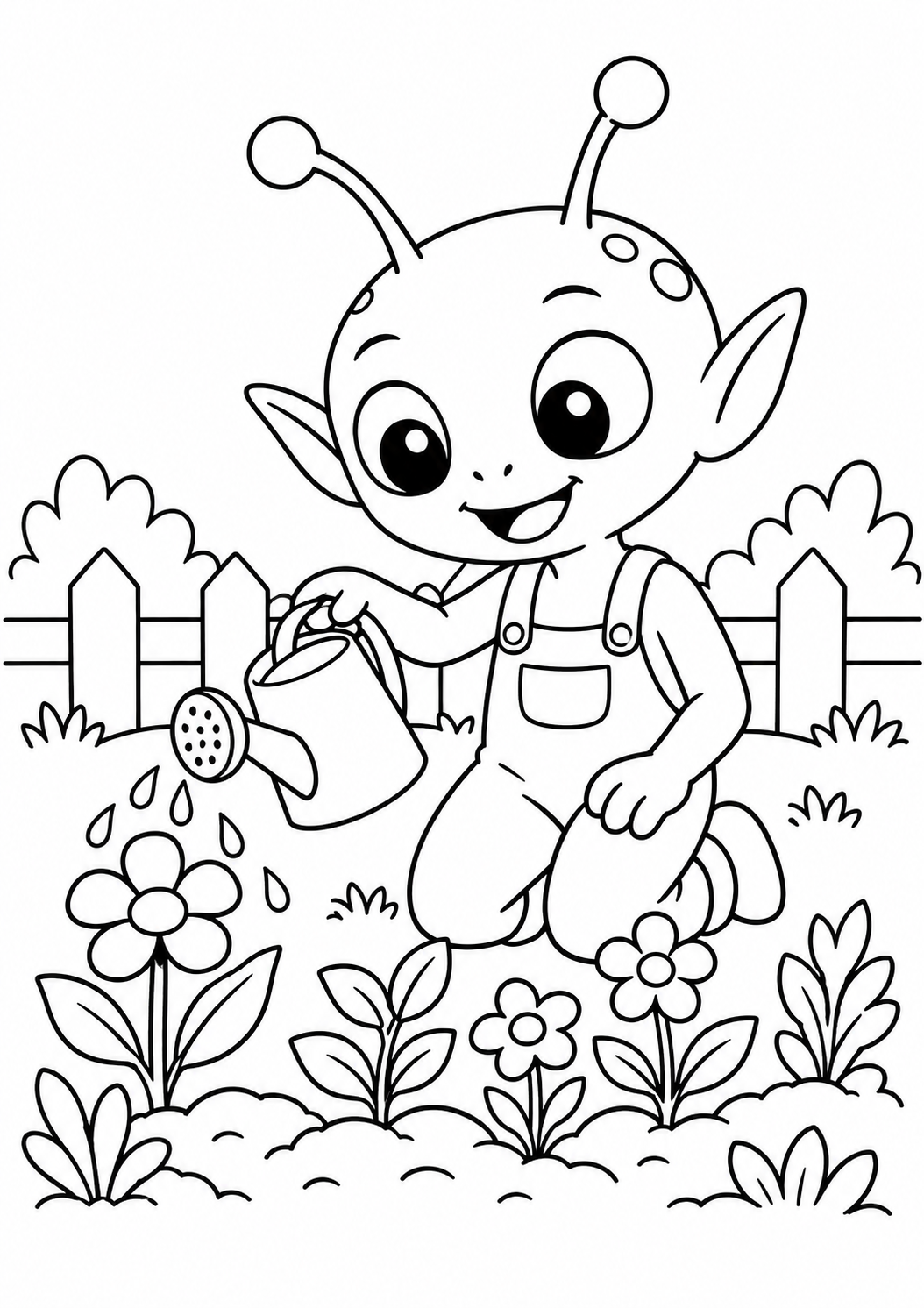 Alienígena simpático com antenas cultivando um jardim, desenho para colorir em A4 retrato