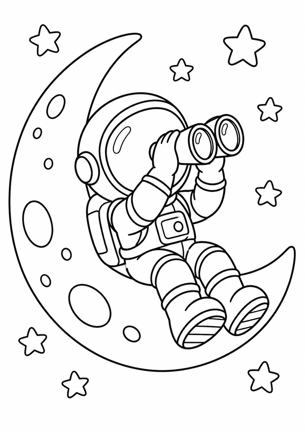 Astronauta sentado num crescente lunar com binóculo, desenho para colorir em A4 retrato