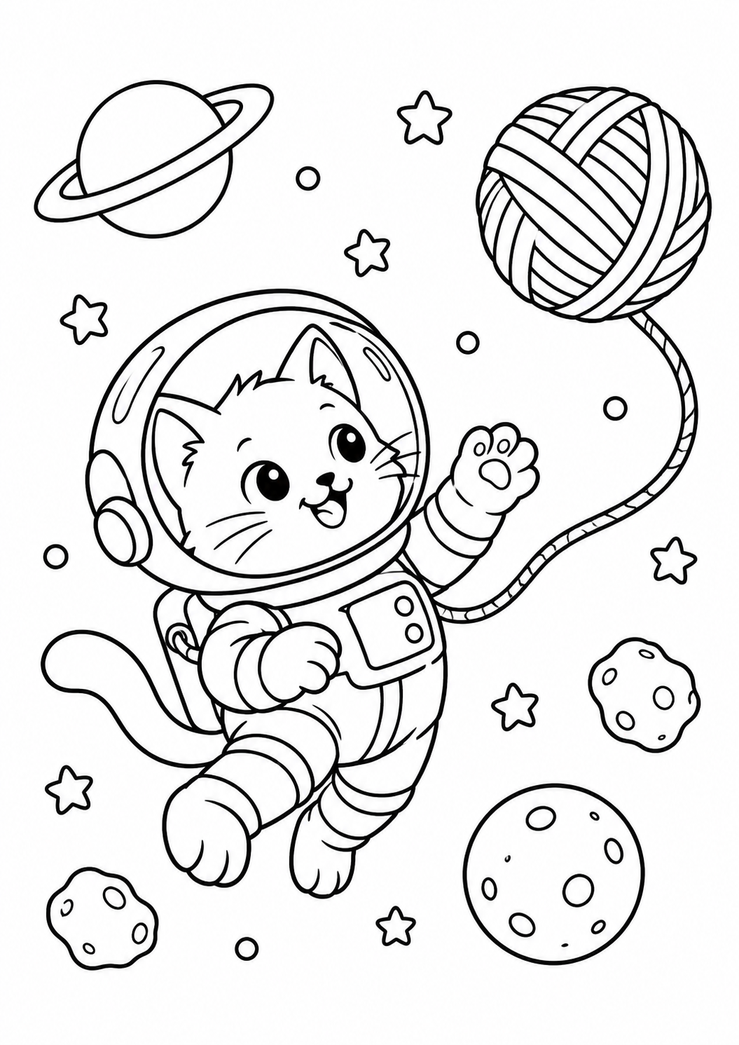 Gatinho astronauta flutuando com um novelo preso por corda, desenho para colorir em A4 retrato